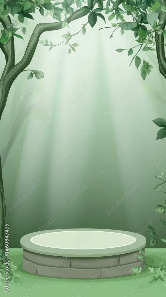 Aufkleber green forest podium display with sunbeams and trees at bottom view for product showcase or presentat