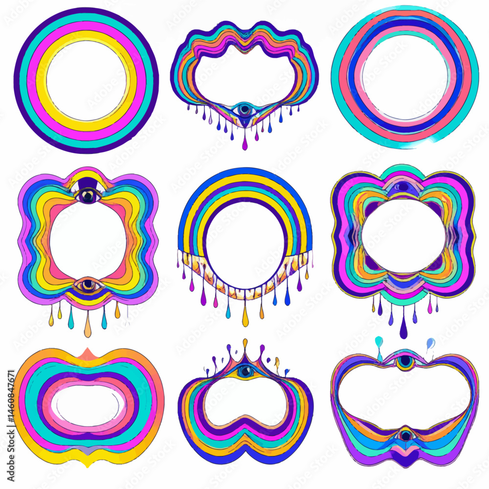 Aufkleber psychedelic frame set with colorful patterns and dripping eye designs for creative projects