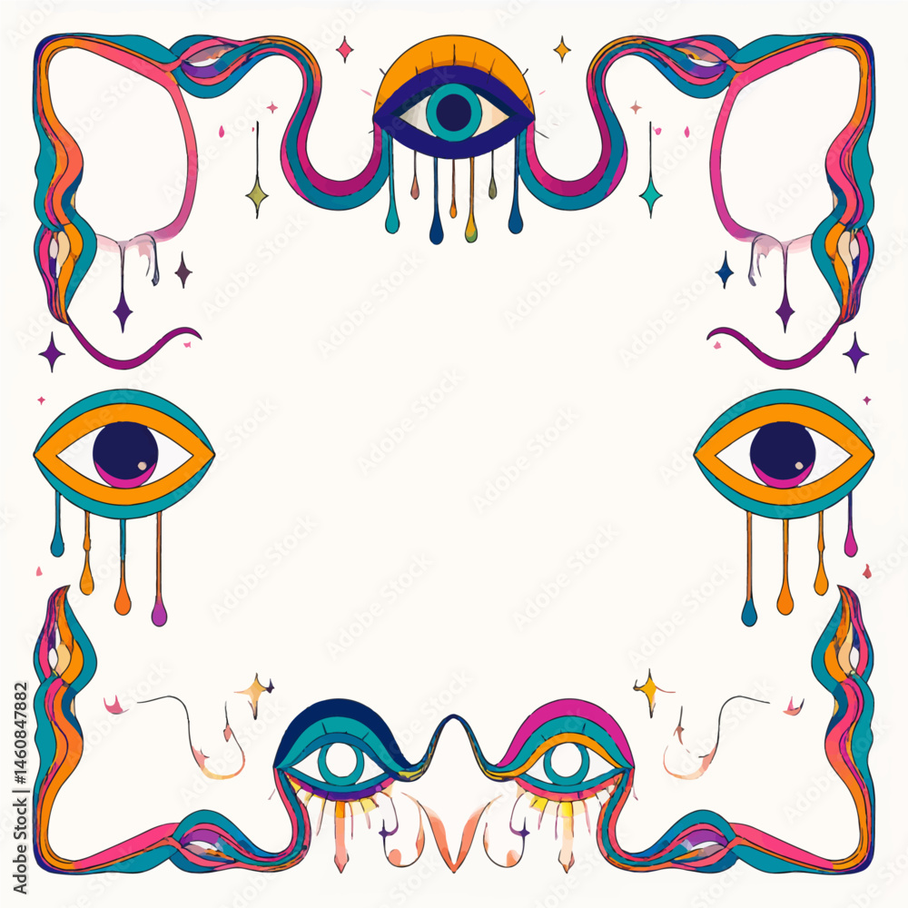 Poster psychedelic frame with dripping eyes and wavy lines for creative designs and artistic projects provi