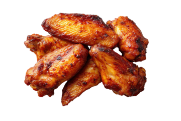 Crispy fried chicken wings flat lay isolated on transparent background