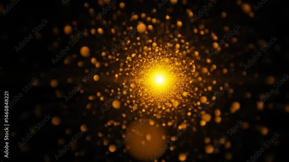 Poster A mesmerizing animation featuring a dynamic swirl of golden particles flowing across a dark background. A bright, concentrated light source illuminates the particles, creating a radiant glow 