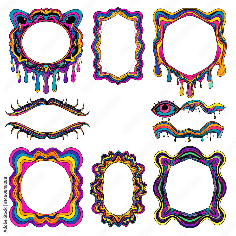 Poster psychedelic frames and borders collection colorful trippy designs set for creative projects