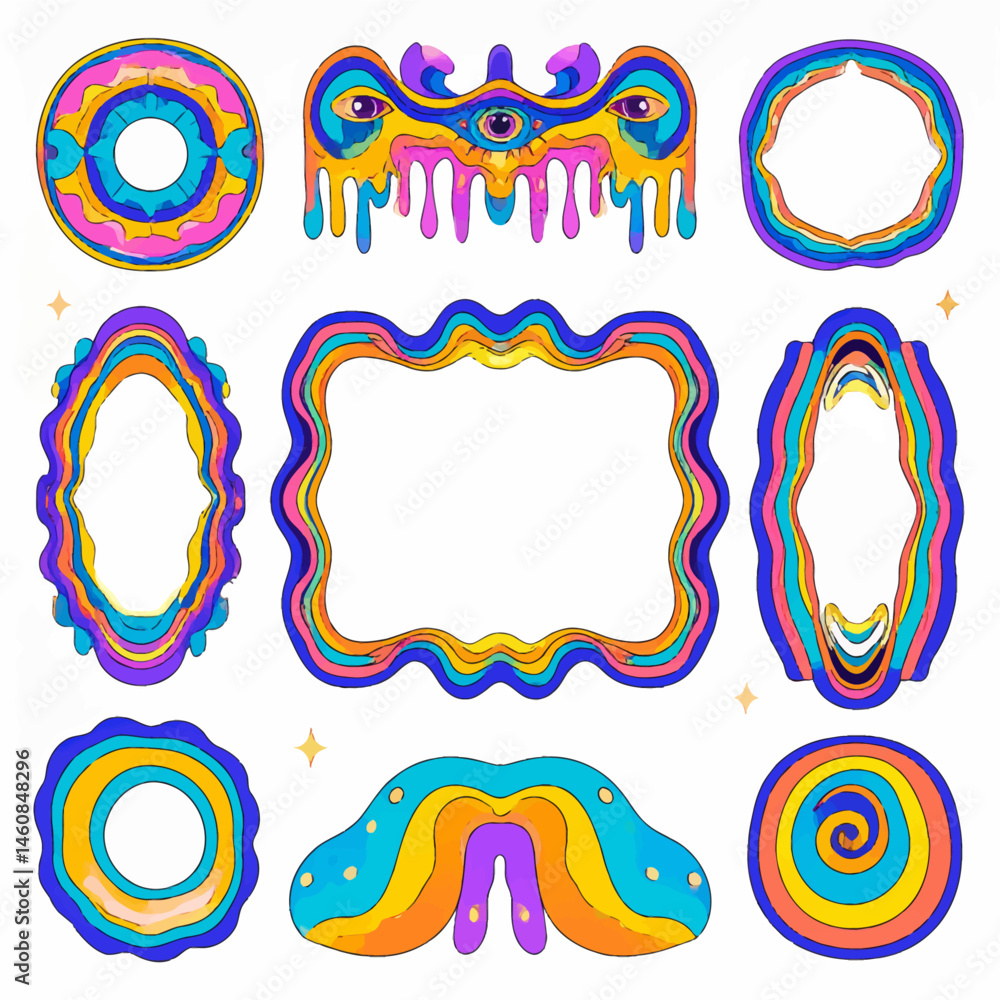 Poster psychedelic frames and borders collection featuring vibrant hippie style elements and retro groovy d