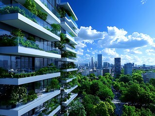 Modern green building with balconies and city views