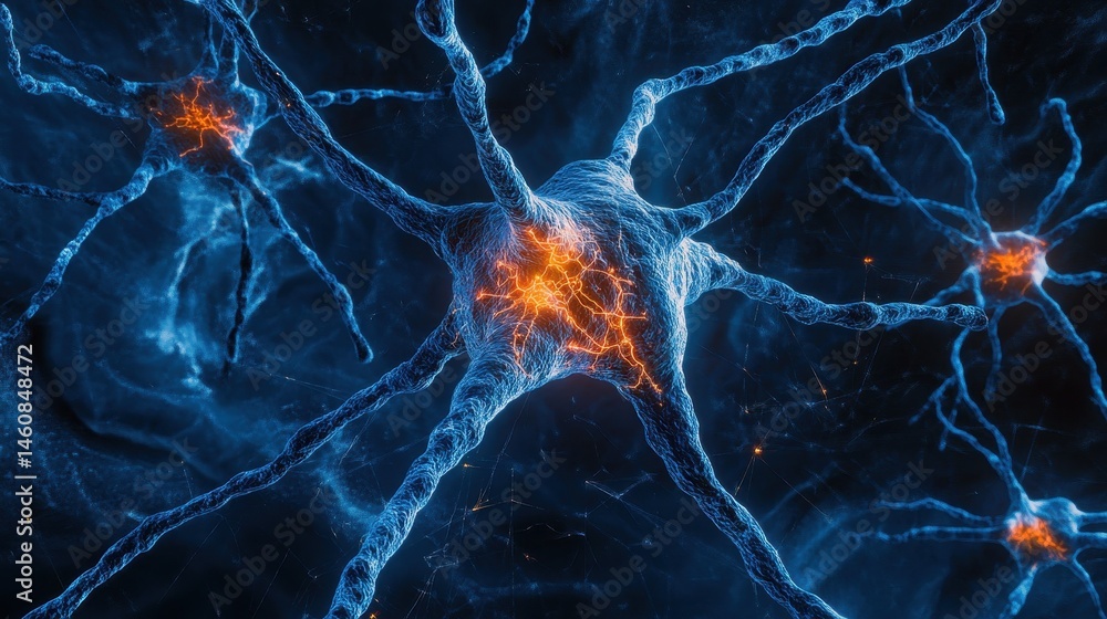 Poster neural network close up view of neurons firing in brain abstract blue toned illustration science med