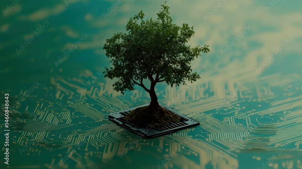 Poster tree growing from computer chip on circuit board symbolizing technology and nature harmony concept