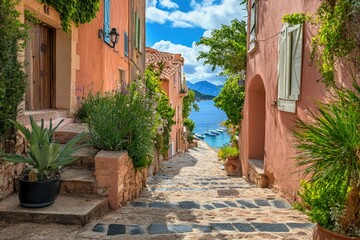 Picturesque Mediterranean alleyway descending to a harbor