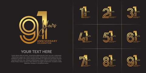 Anniversary set design with double line number and handwriting. golden color for celebration event