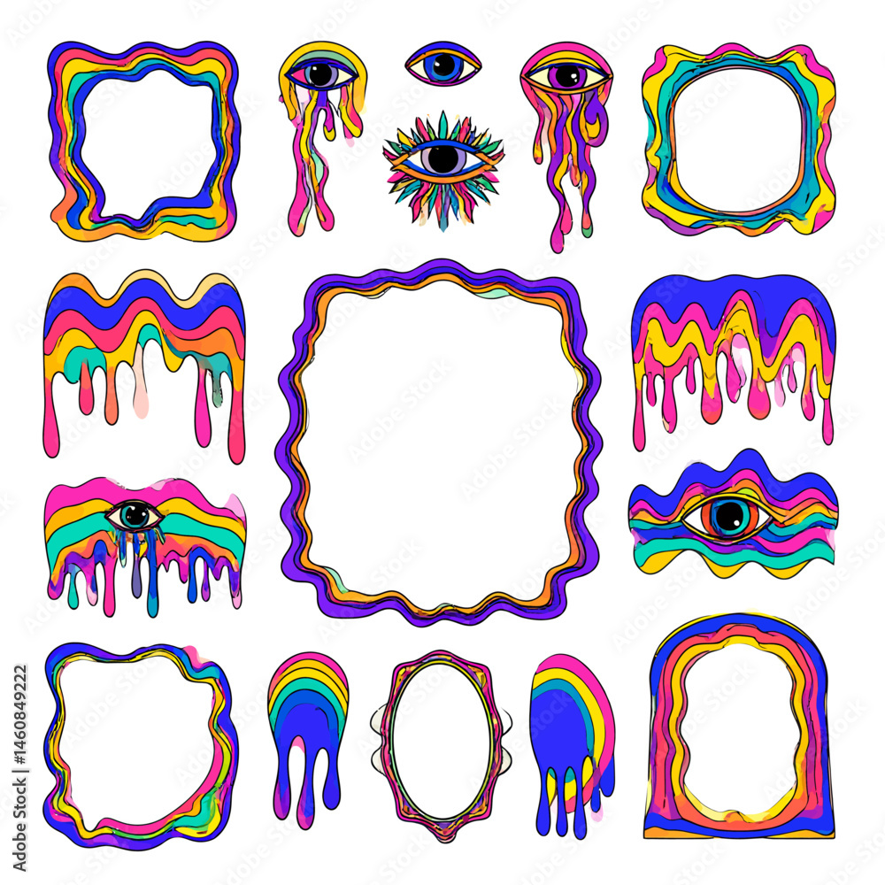 Poster psychedelic frames and eyes collection with dripping paint effect for creative designs and backgroun
