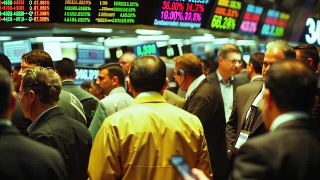 Frantic stock market traders actively engaging in buying and selling decisions during market hours, Frantic group of stock market traders buying and selling on the trading floor