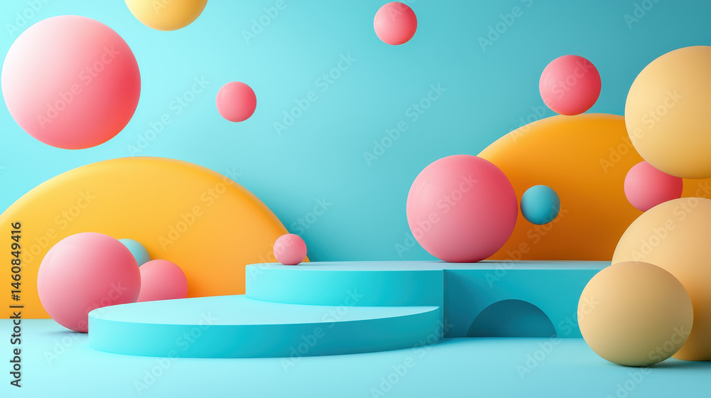 Aufkleber a playful 3d background featu vibrant spheres and platforms from a side angle perspective, rendered 