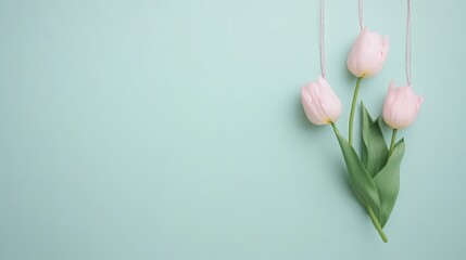 Fototapeta premium Delicate pastel flowers on soft mint background, serene and calming, perfect for spring themes or wellness content.
