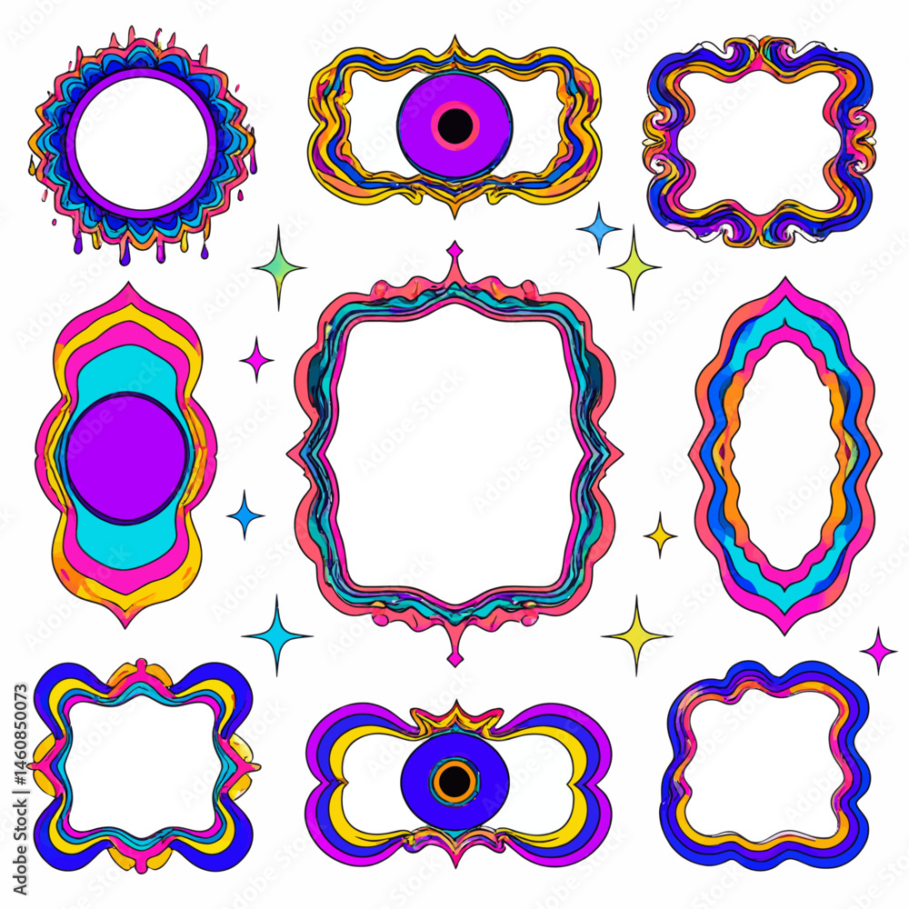 Poster psychedelic frames collection with vibrant colors and abstract shapes for retro designs and creative