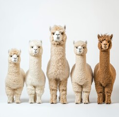 Fototapeta premium Five Adorable Alpacas Standing in a Row on White Background