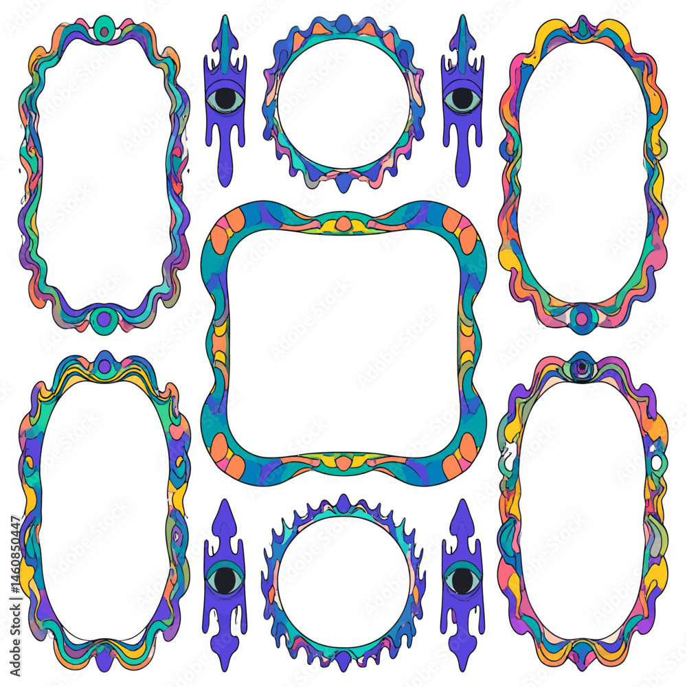 Poster psychedelic frames set for creative projects featuring retro colorful designs and surreal eye elemen