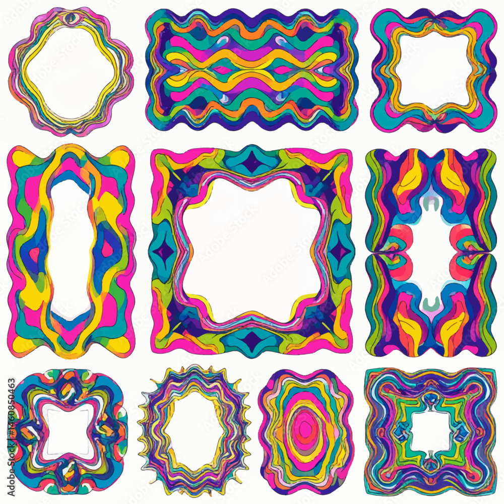 Aufkleber psychedelic frames collection with vibrant retro patterns for creative designs and artwork projects