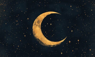 Naklejka premium Black background with a golden crescent moon surrounded by small stars, minimalist celestial art, Generative AI
