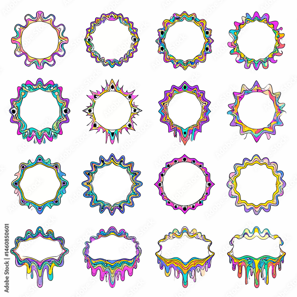 Poster psychedelic frames set with melting colorful shapes and abstract designs for creative projects and b