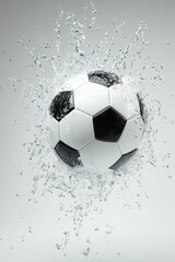 Soccer Ball Impact Splashing Water Studio Shot Action Sport Concept Clean Background High Angle