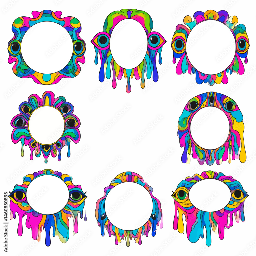 Aufkleber psychedelic frames with melting colors and eyes create a surreal and vibrant design element ideal fo