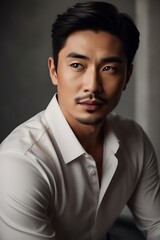 Fototapeta premium Portrait of good looking asian man over gray background