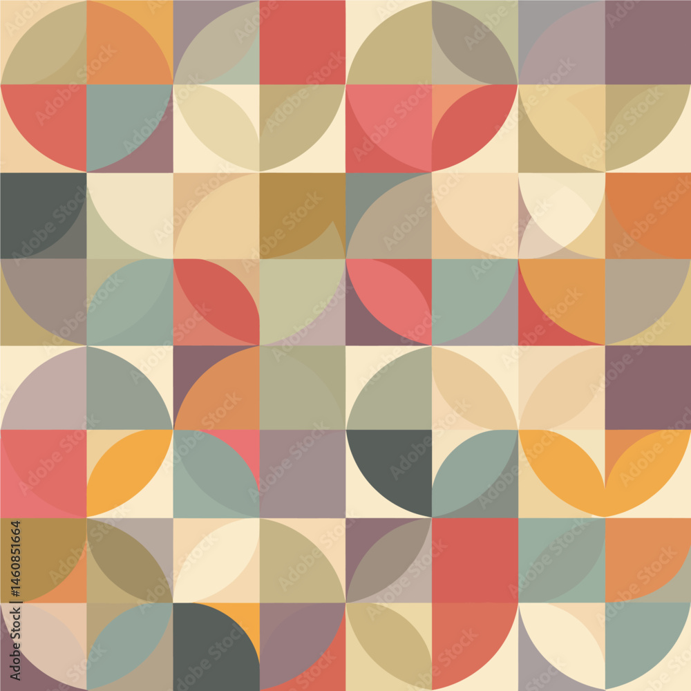 Poster retro geometric background with colorful circles and squares creating a modern abstract pattern evok