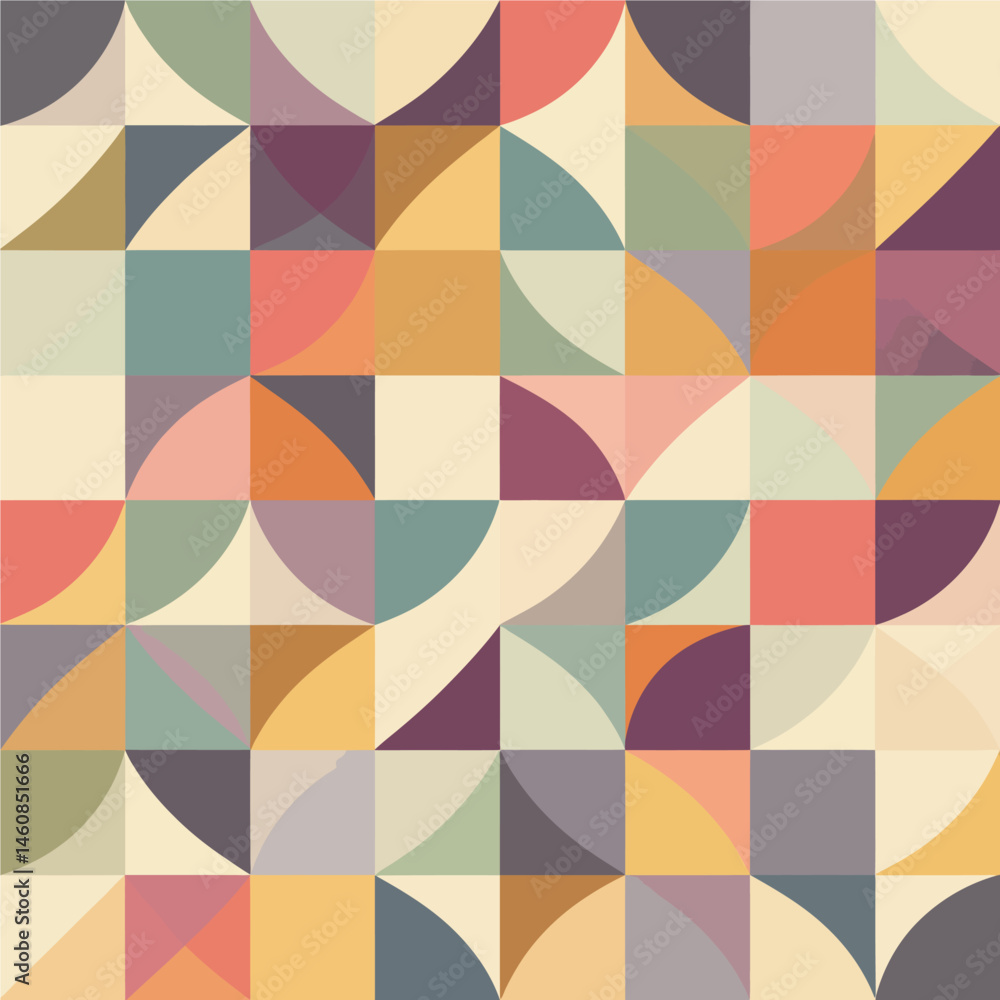 Poster retro geometric pattern with circles and squares in muted vintage colors creates a visually appealin