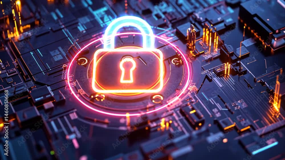 Poster digital security technology illustrated with a padlock and shield design in a futuristic circuit env