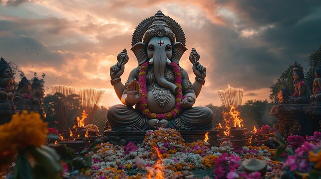 Outdoor Ganesha Chaturthi celebration with large clay idol, surrounded by heaps of modaks, durva grass arrangements, flower petals, and giant incense sticks burning against a twilight sky.