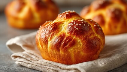Freshly baked golden brown fluffy buns with crispy tops placed on a soft cloth on a kitchen table surface