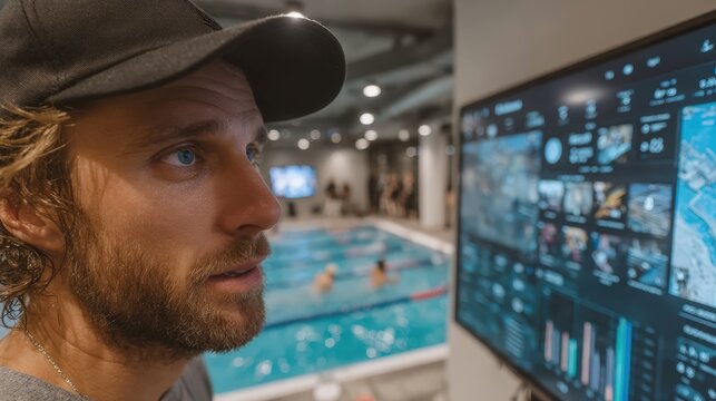 Swimming coach analyzing data on computer screen while monitoring swimmers training session for performance insights - Powered by Adobe
