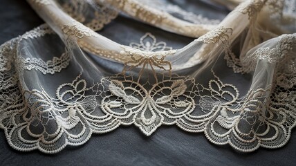 Fototapeta premium Delicate Ivory Lace Fabric with Intricate Floral Embroidery on D