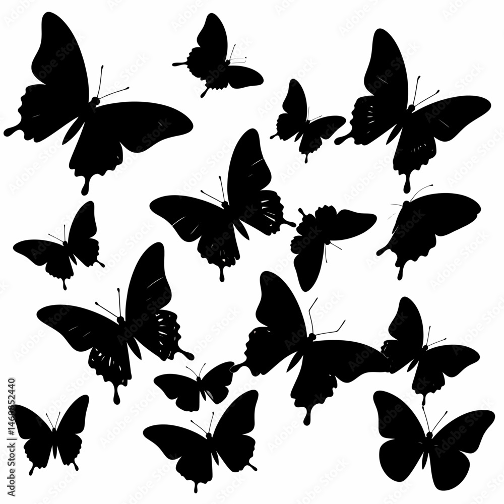 Poster silhouette butterflies pattern design in black and white creating a visually appealing background fo