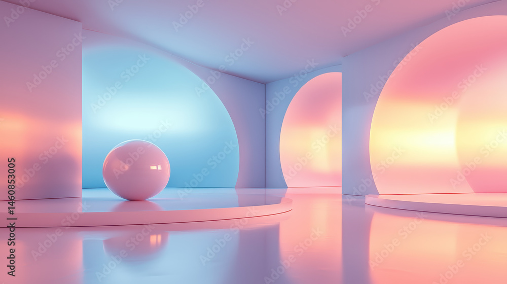Poster a smooth gradient 3d background features a glossy sphere and soft light illuminating arches in this 