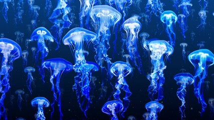 Many bioluminescent jellyfish floating upwards, seamless loop. AI videos were used as elements along with traditional compositing and particle effects. - Powered by Adobe