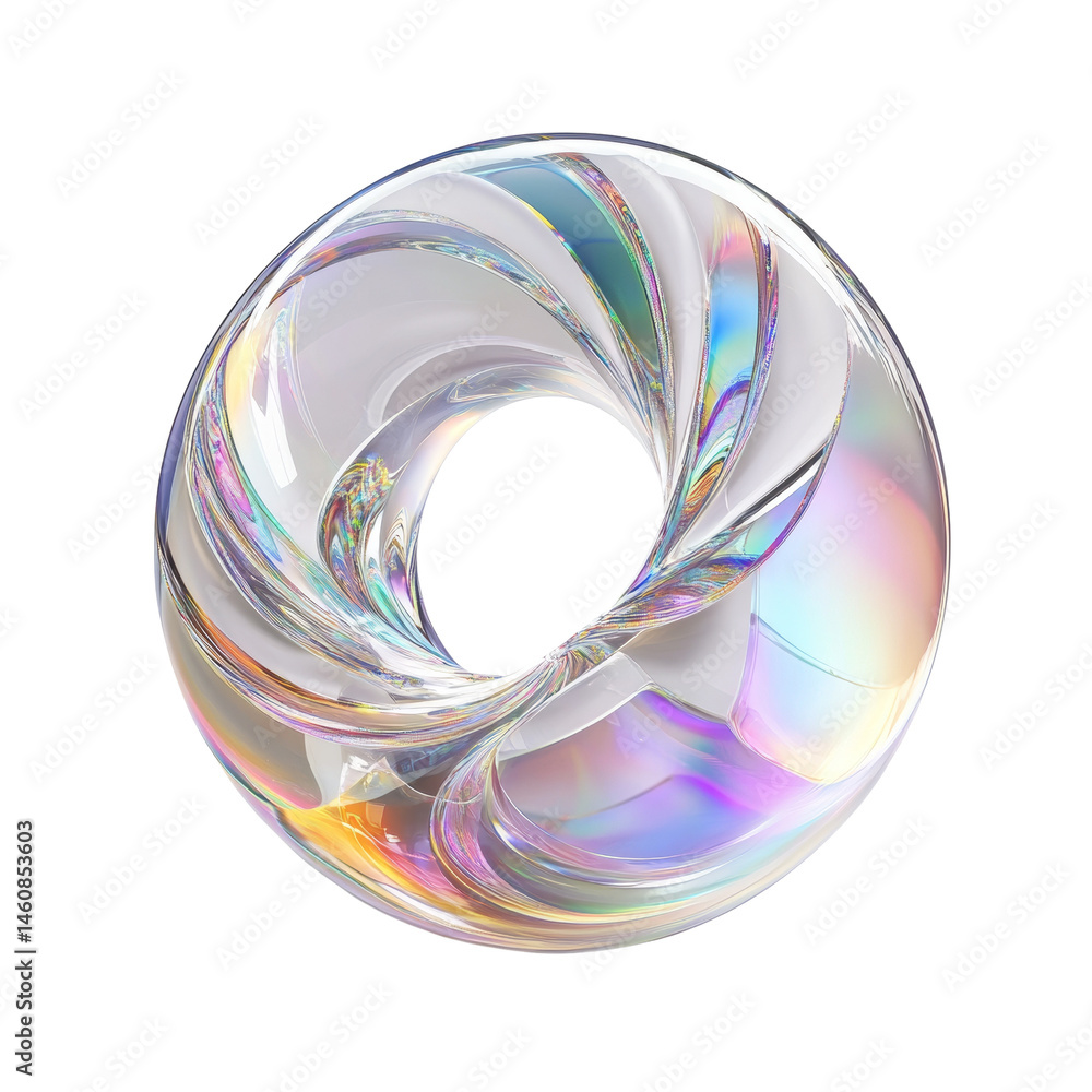 Poster Iridescent fluid torus shape on an isolated background, modern abstract 3D rendered design element with colorful reflections