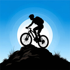 Naklejka premium Silhouette of a man mountain biking on a rocky hill against a blue sky and sun illustration, representing adventure and outdoor activity