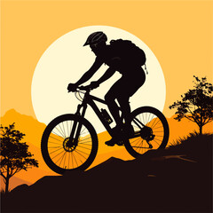 Obraz premium Silhouette of a mountain biker riding uphill against a bright sunset background illustration
