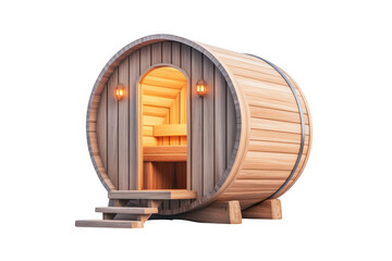Wooden barrel sauna with lights on transparent background