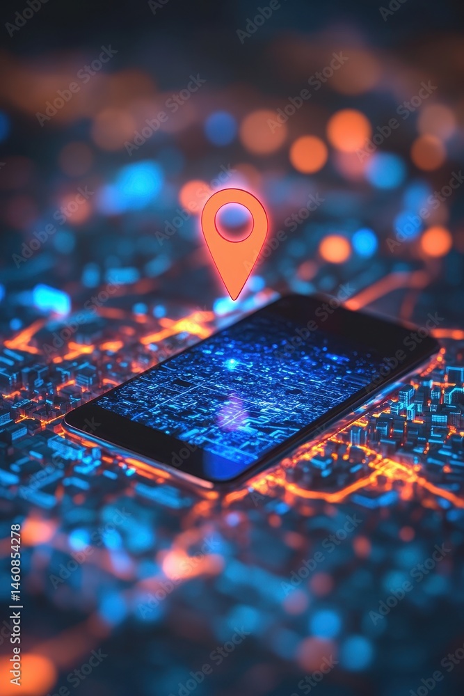 Poster futuristic smartphone gps navigation with location pin on digital cityscape background close up