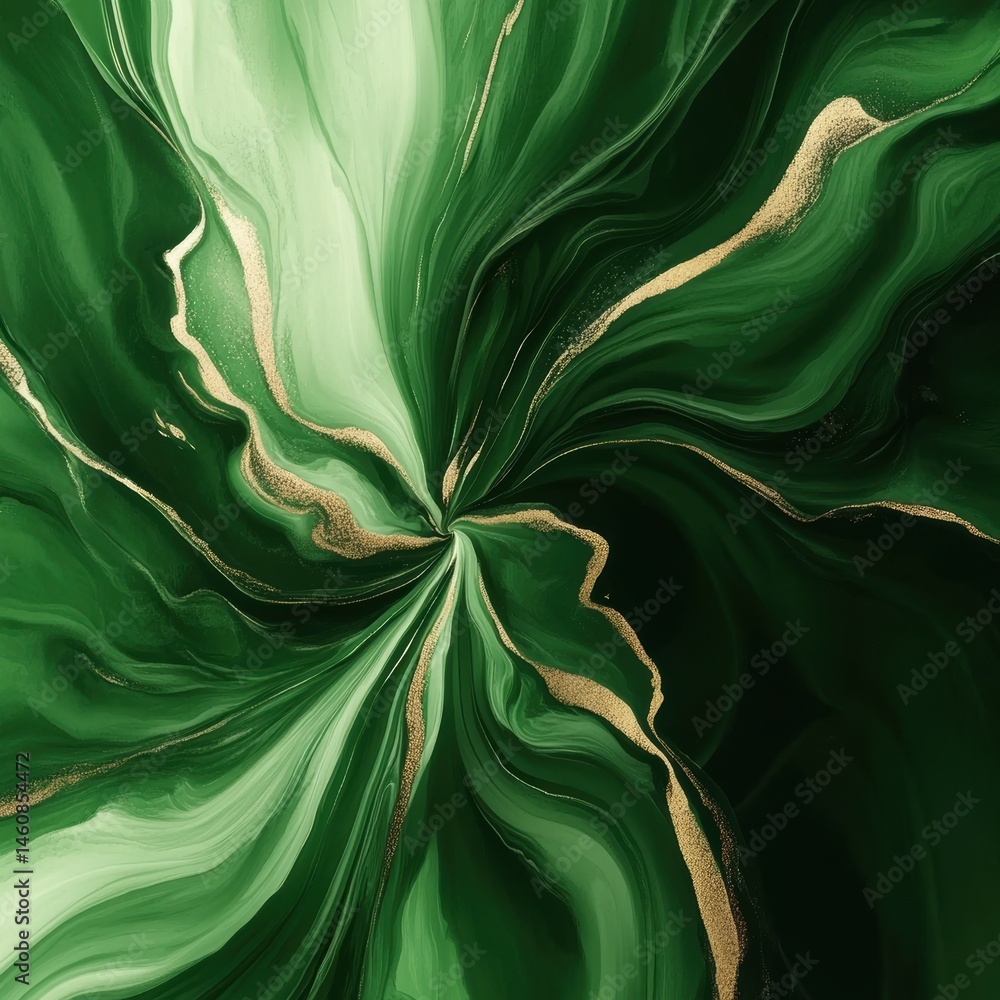 Poster emerald green and gold abstract fluid art painting with swirling lines and dynamic flow close up vie