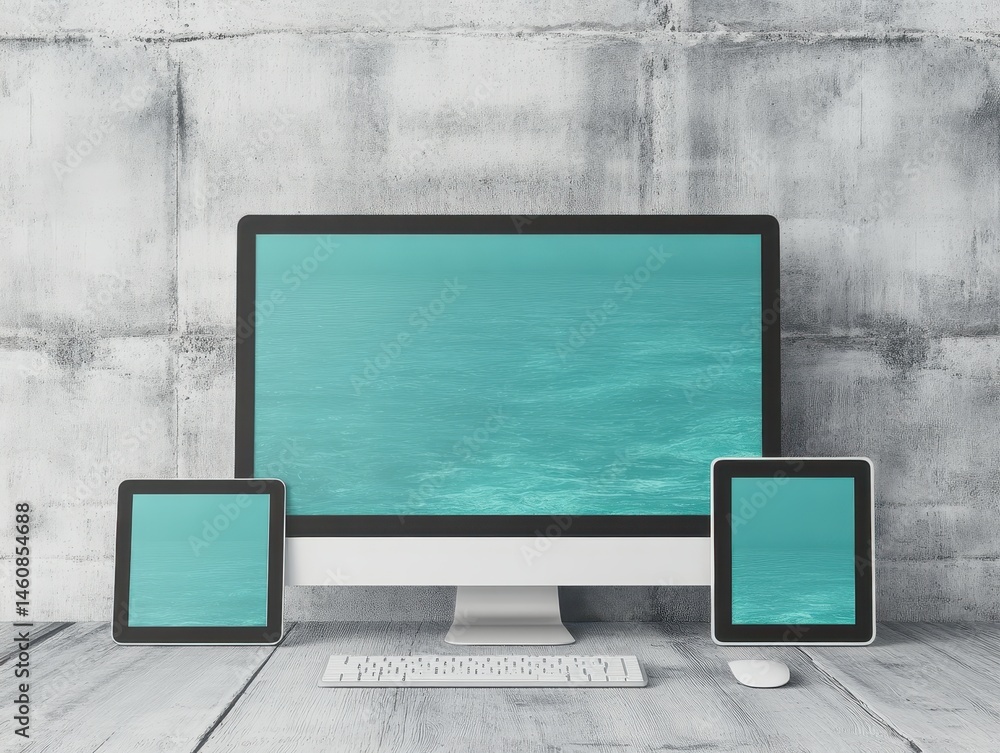 Poster computer and tablets display ocean scene on desk against concrete wall in studio shot for tech conce