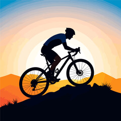 Silhouette of cyclist riding mountain bike against sunset sky for outdoor adventure and fitness concept