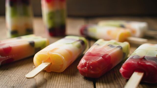 Close Up of Colorful Paletas De Frutas on Wooden Table Featuring Strawberries Kiwi and Mango a Mexican Popsicle Dessert