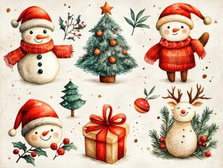 Watercolor Christmas illustration featuring snowmen, a decorated tree, reindeer, and gifts