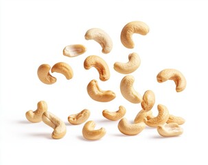 Cashews in mid-air, scattered on white background.  