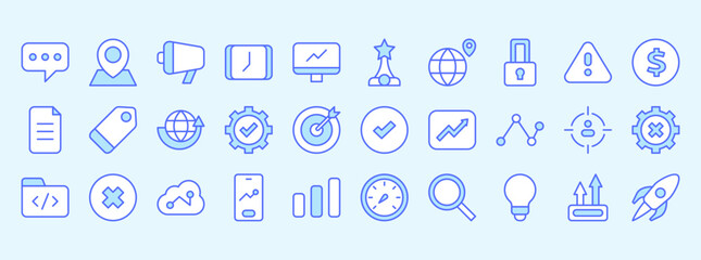 Set of Marketing and SEO Icons in Light Blue Color Featuring Digital Analytics, Growth Strategy, and Internet Communication Themes for Effective Business Solutions
