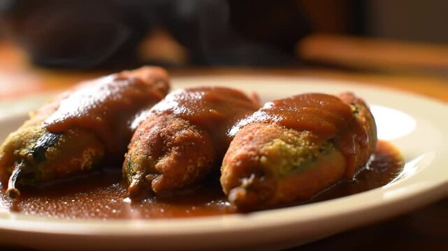 Delicious Mexican Chiles Rellenos Topped with Savory Tomato Sauce Served on Plate in Warm Tones on Wooden Table Ideal for Culinary Projects