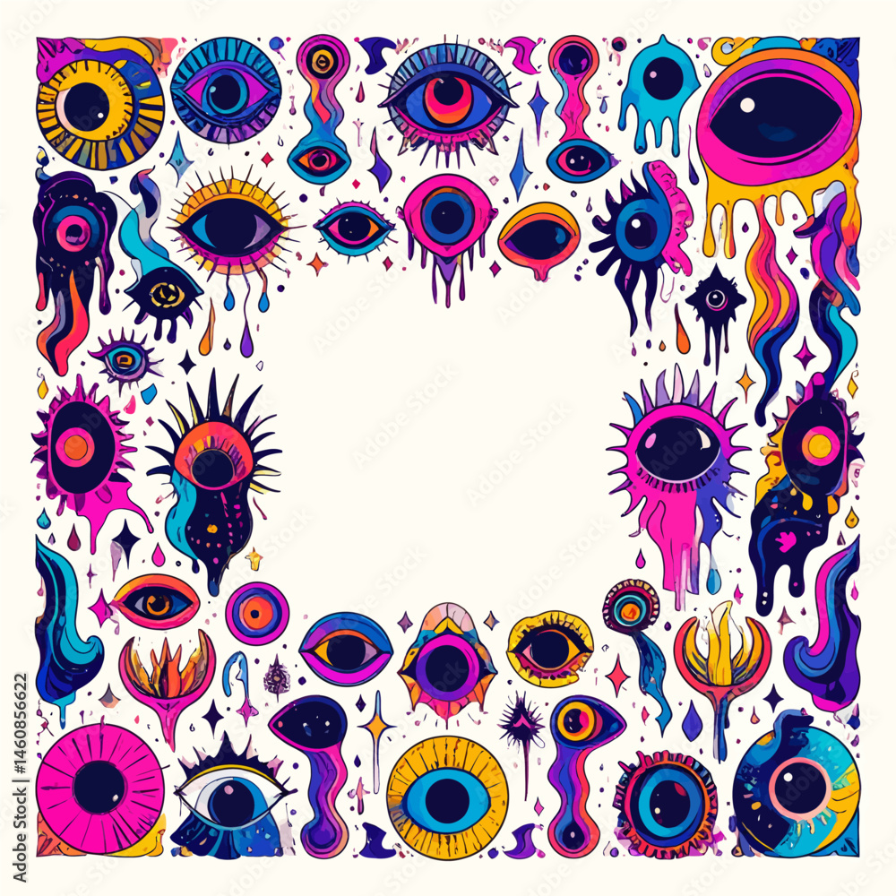Poster vibrant psychedelic eye pattern frame with surreal dripping effects and bold colors creates a striki