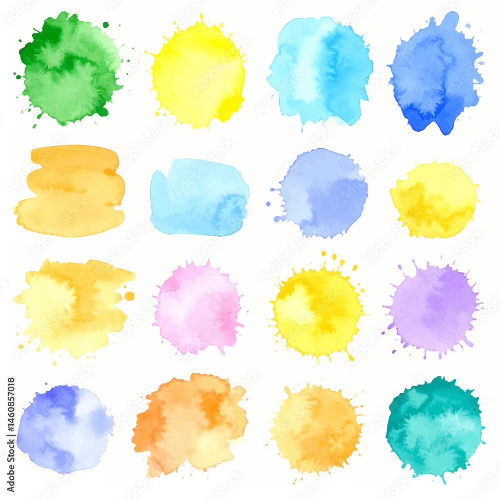 Poster watercolor splashes and stains in various colors creating a vibrant artistic background for creative
